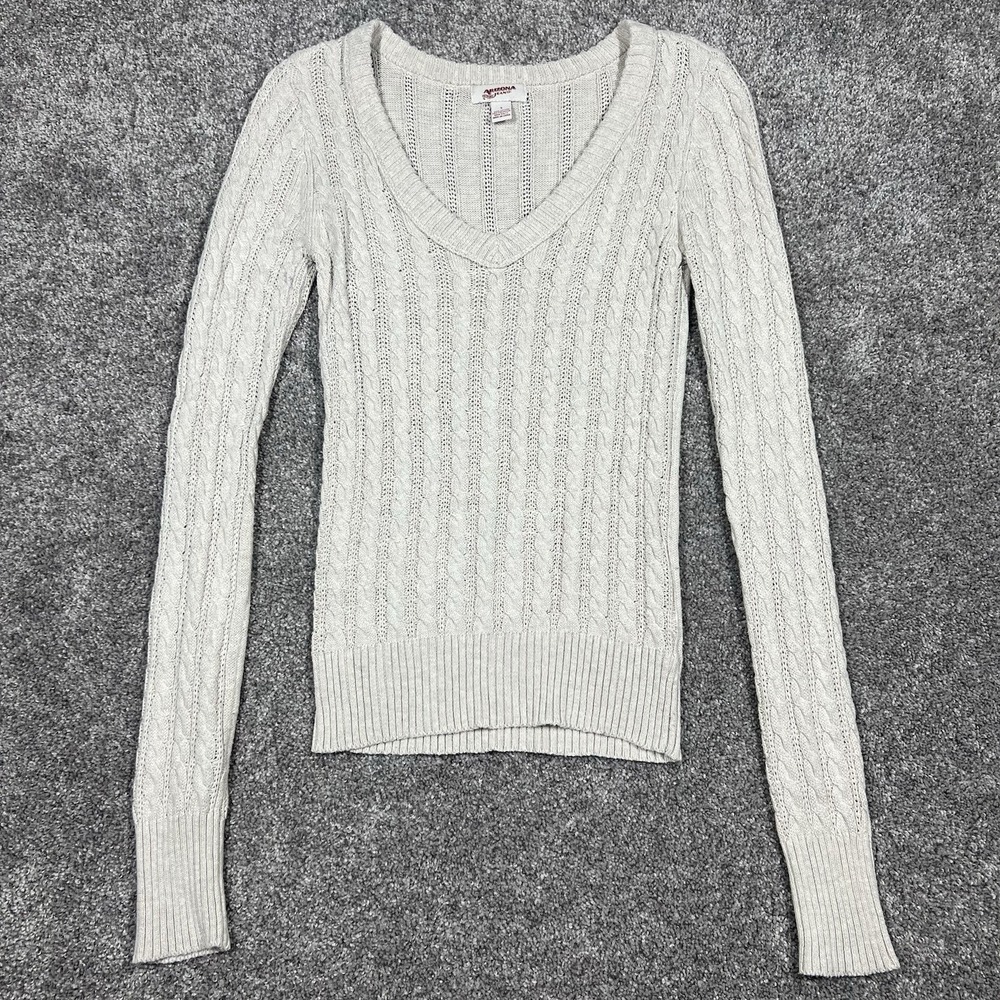 Arizona Jeans Women's Ivory White Cable Knit V Neck Sweater Small Fitted